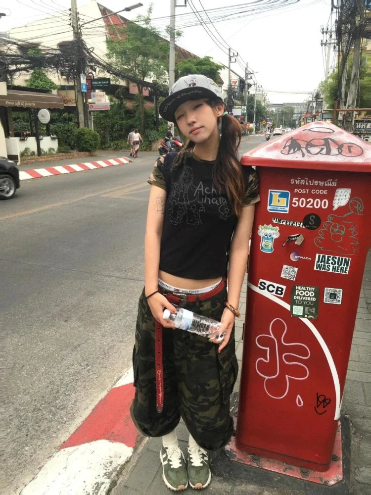 Lunivop Punk Vintage Denim Shorts Women Harajuku Y2K High Waist Camouflage Baggy Shorts Casual Wide Leg Jeans Shorts Streetwear