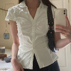 Lunivop  Vintage Folds Crop Top White Button Up Short Sleeve Blouse Women Bandage Korean Fashion T-shirt Casual Streetwear y2k Tee