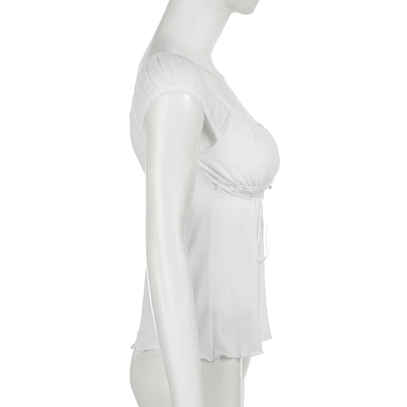 Lunivop  White Mesh Transparent Crop Top y2k Aesthetic Folds Stitching Short Sleeve T Shirts Korean Style Cute Tees Sexy Clubwear