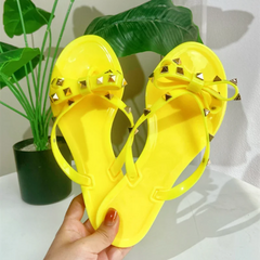 Lunivop  Ladies Leisure Waterproof Shoes Summer Zoris Slippers In Flats Clear Yellow Flip-Flops With Gold Stud Bow-Knot PVC Slides 36-42