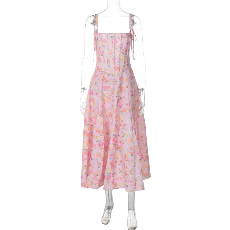 Lunivop Vintage Floral Print Square Collar Coraset Slit Elegant Evening Women'S Dresses Summer Fashion Casual Clothes Streetwear