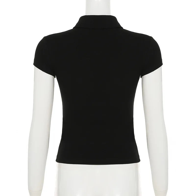 Lunivop Korean Style Turn-down Collar Crop Tops For Women 2025 Summer Slim White T Shirts Woman Buttons Tees Short Sleeve Tshirt Mujer