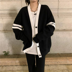 Lunivop Varsity Cardigan Sweater for Women Long Sleeve V-Neck Button-up Knit Slouchy Cardi Korean School-girl Preppy Fall Winter Outfit