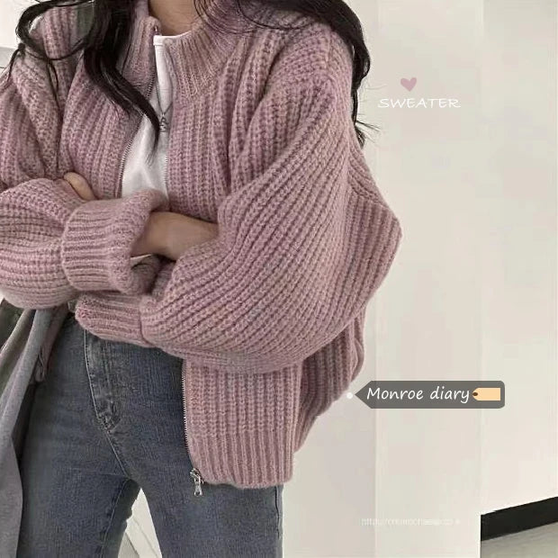 Lunivop Women's Zip Up Sweater Cardigan Chunky Knit Stand Collar Zipper Front Plain Sweater Jacket Ladies Korean Chic Fall Winter Outfit