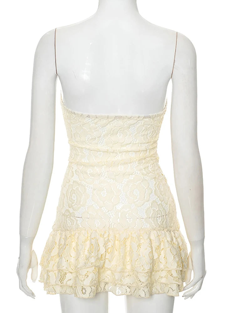 Lunivop Sexy Strapless Print Floral Lace Women Dress Yellow See Through High Waist Dress Female Summer Skinny Elegant Streetwear