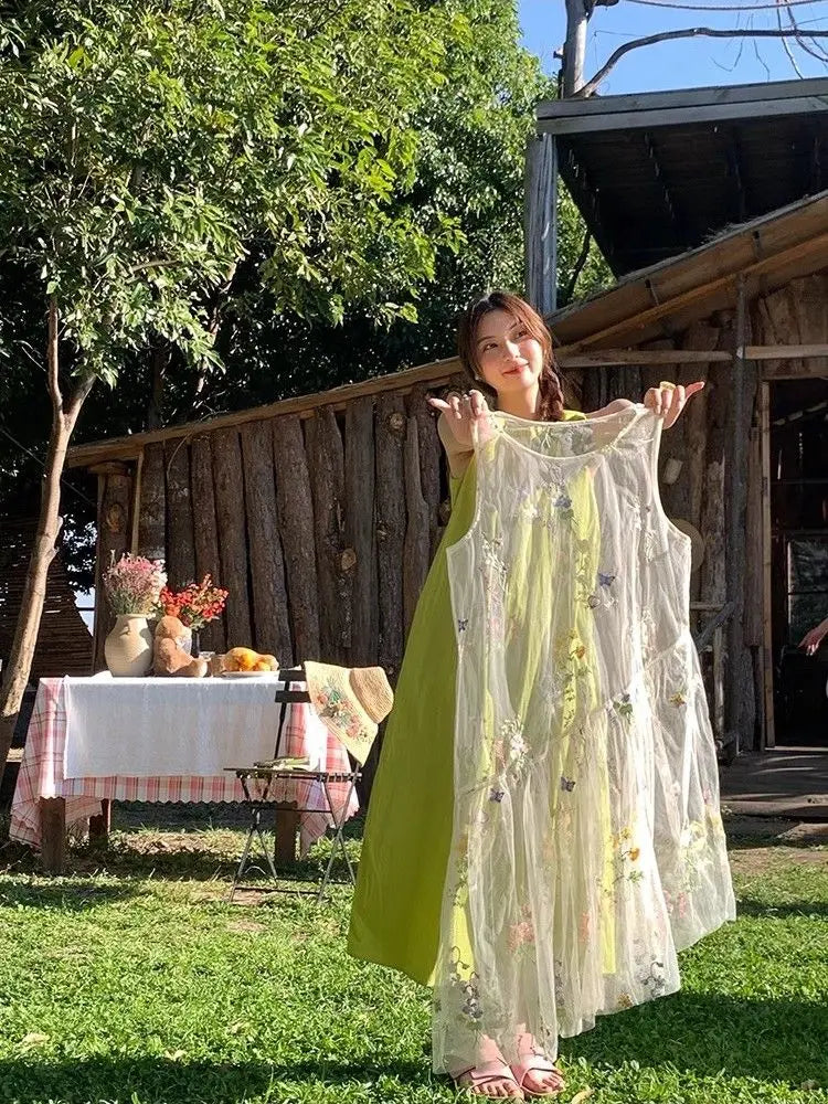 Lunivop Mesh Floral Embroidery Tank Dresses Fairycore Y2k Sweet Sleeveless Dress See Through Cover Up Shoujo Girl Aesthetic
