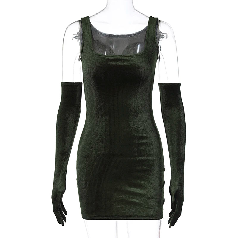 Lunivop Velvet Square Collar Vintage Elegant Women'S Dresses With Gloves Mini Hot Party Club Evening Winter Casual Clothing