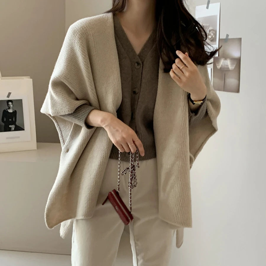 Lunivop Knitted Poncho Sweater for Women Cardigan Cape Open Front Sweater Shawl Fall Winter Korean Elegant Casual Chic Outfit