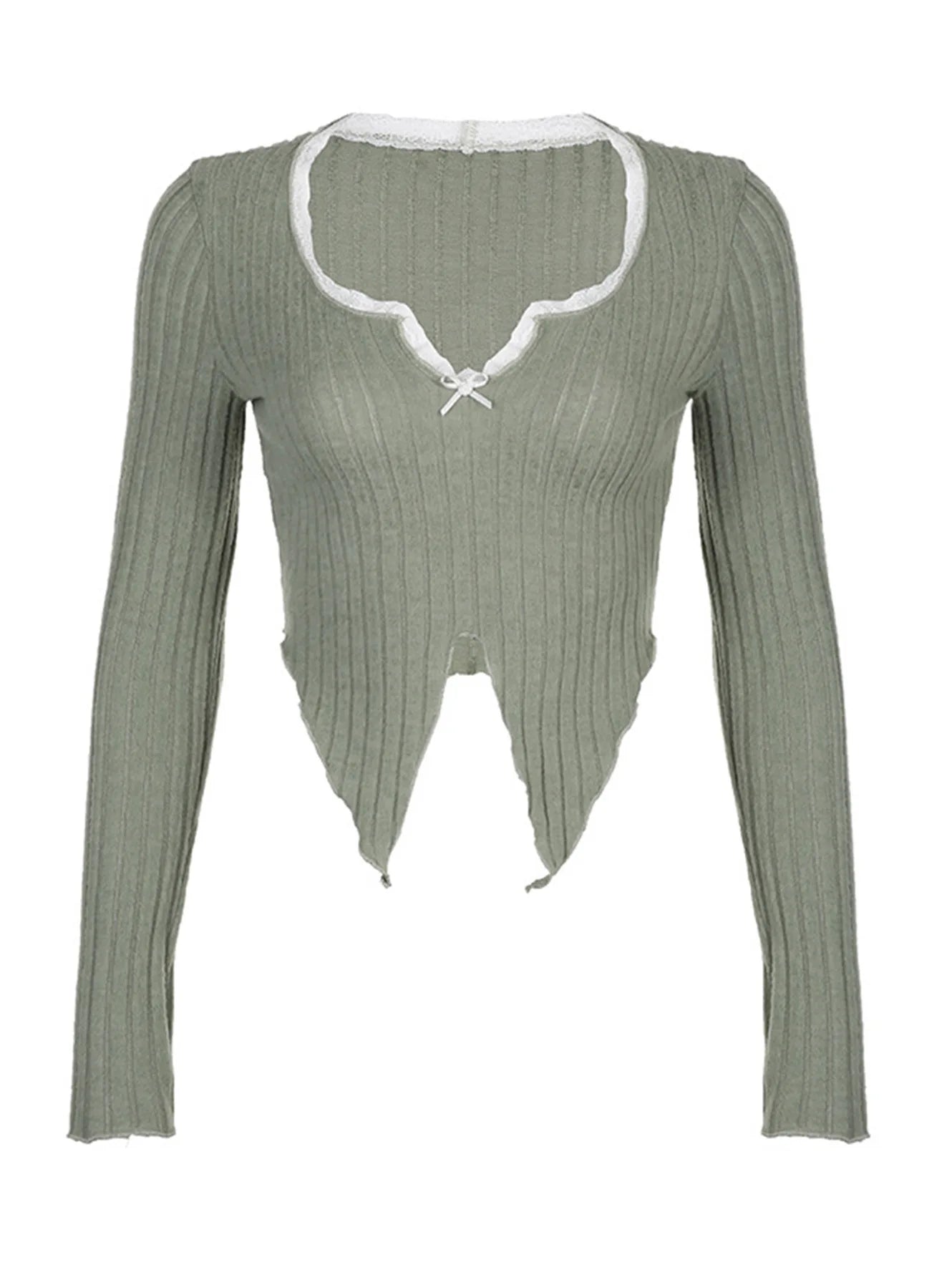 Lunivop Maillard Vertical Striped Lace Bow Lace V-Neck Long Sleeve T-Shirt Irregular Cut Slim Irregular Sexy Leak Umbilical Long Sleeve