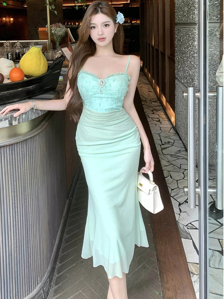 Lunivop  New Green Mesh Patchwork Diamonds Sling Long Dress Summer Elegant Casual Home Dress Women Korean Fashion Bodycon Prom Dress
