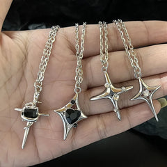 Lunivop Silver Cross Studded Diamond Four Pointed Star Necklace For Men And Women's Vintage Clavicle Chain Party Jewelry