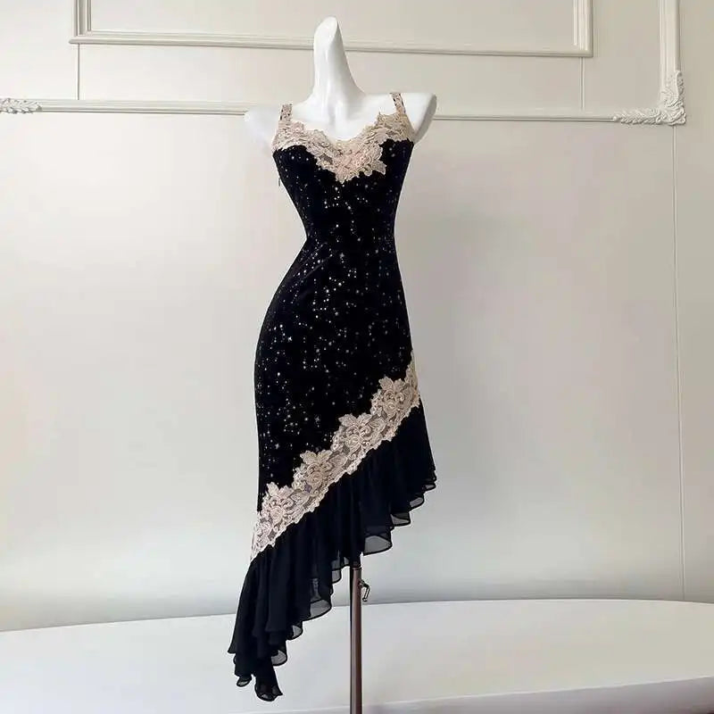 Lunivop 2025 Elegant Hot Silver Women Dress Patchwork Lace Suspender Dress With Slim Fit And Irregular Hem Dresses Female