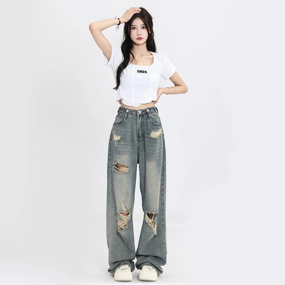 Lunivop American Retro Hole-punched Jeans Women High Waist Straight-crotch Loose Slim Design High-street Vibe Wide-legged Dragging Pants