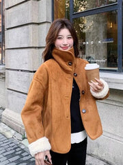 Lunivop Y2K Faux Lamb Suede Jacket Women Warm Winter Streetwear Retro Coat Korean Casual Loose Long Sleeve Single Breasted Outwear