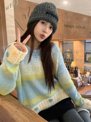 Lunivop Hole Y2K Gradient Striped Sweater Women Vintage Preppy Style Long Sleeve Knitted Pullovers Casual O Neck Buttons Sweet Jumper