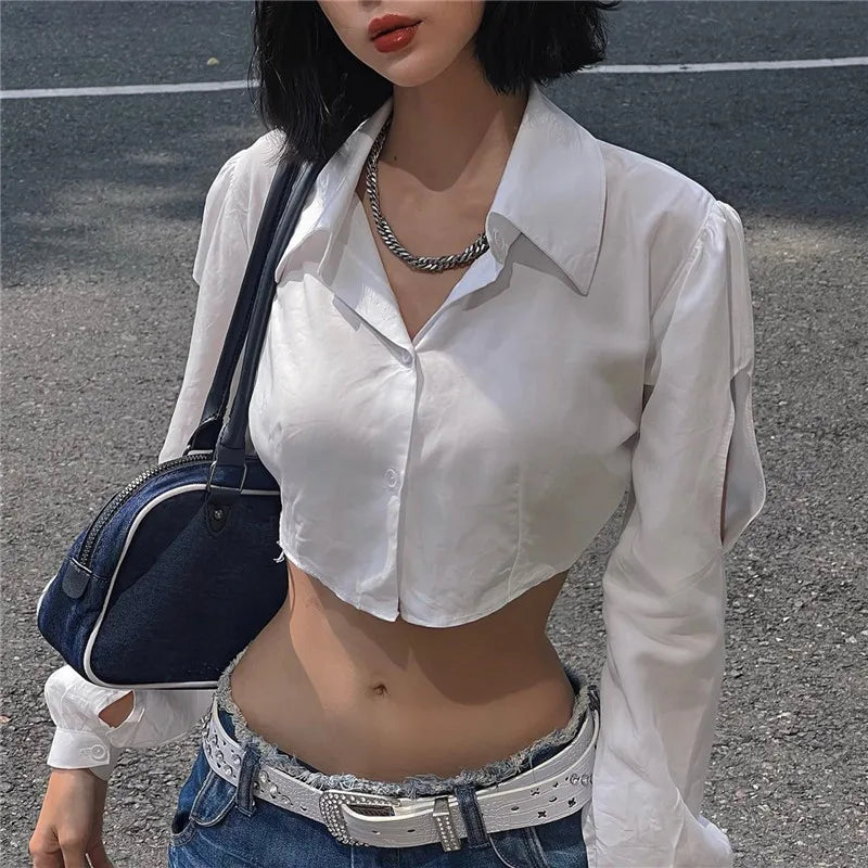 Lunivop   Sexy Puff Long Sleeve Fashion Casual Solid Slim V-neck Hollow Out Crop Tops Y2K Summer New Sweet Cute Streetwear Camis