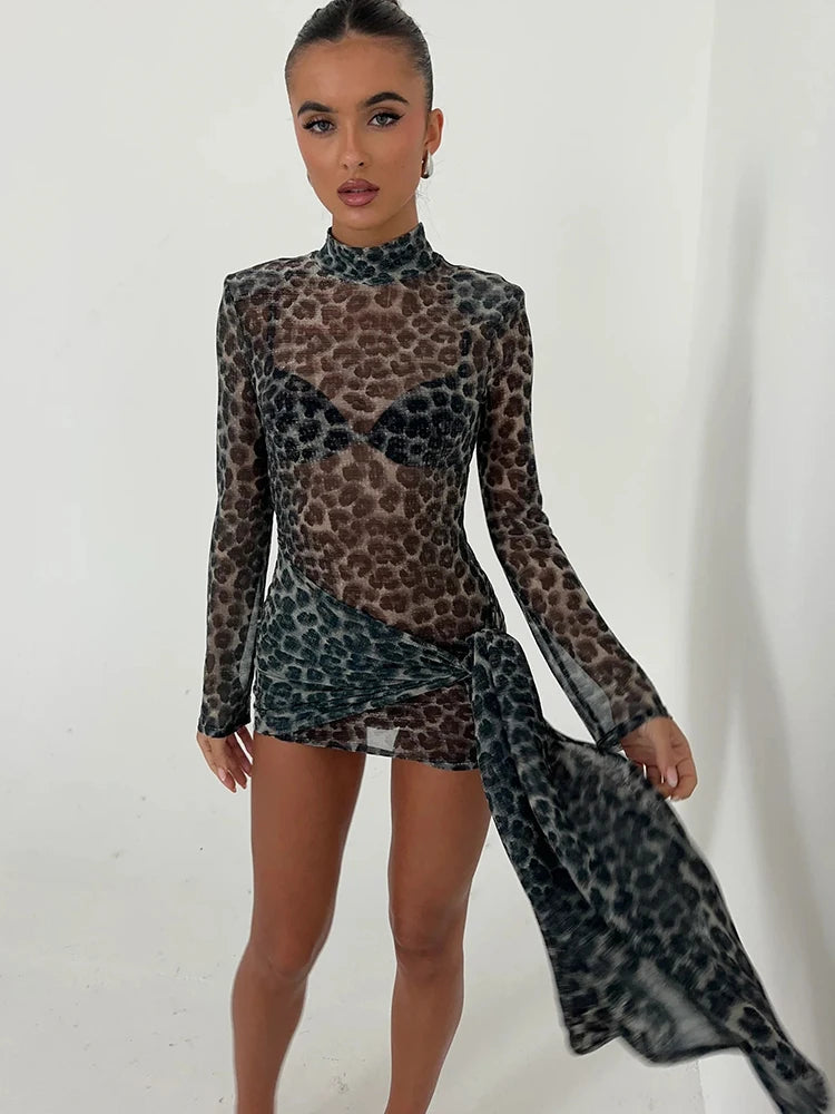 Lunivop  Turtleneck Sexy Sheer Print Leopard Bandage Women Dress Long Sleeve Mini Dress Lady Spring Slim Elegant Party Club Dress