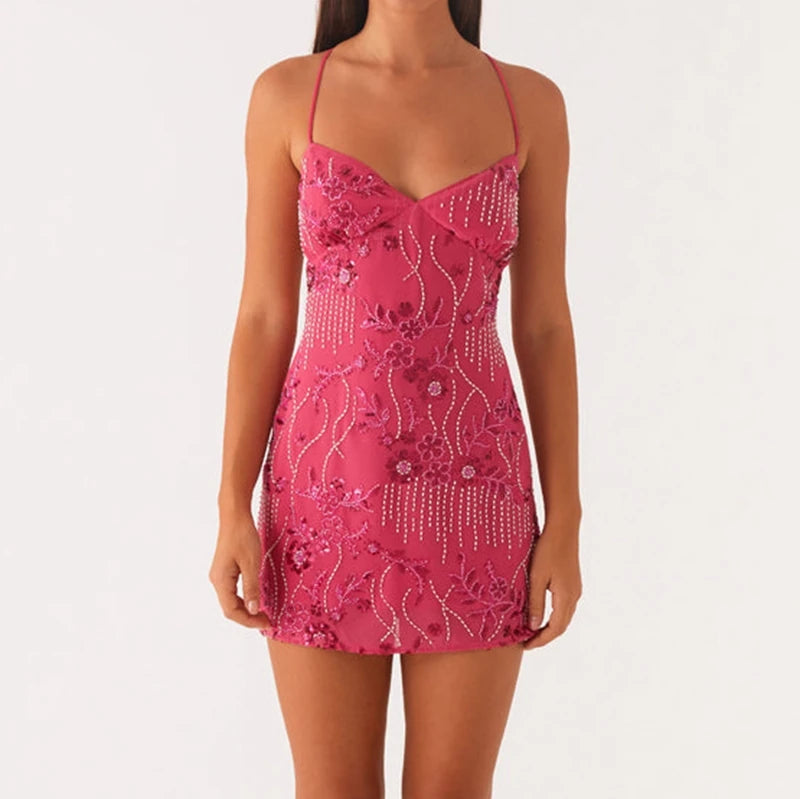 Lunivop   Women Sequin Beaded Cami Mini Dress Backless Criss Cross Straps Dress Ladies Sexy Front V Neckline Sleeveless Short Dresses