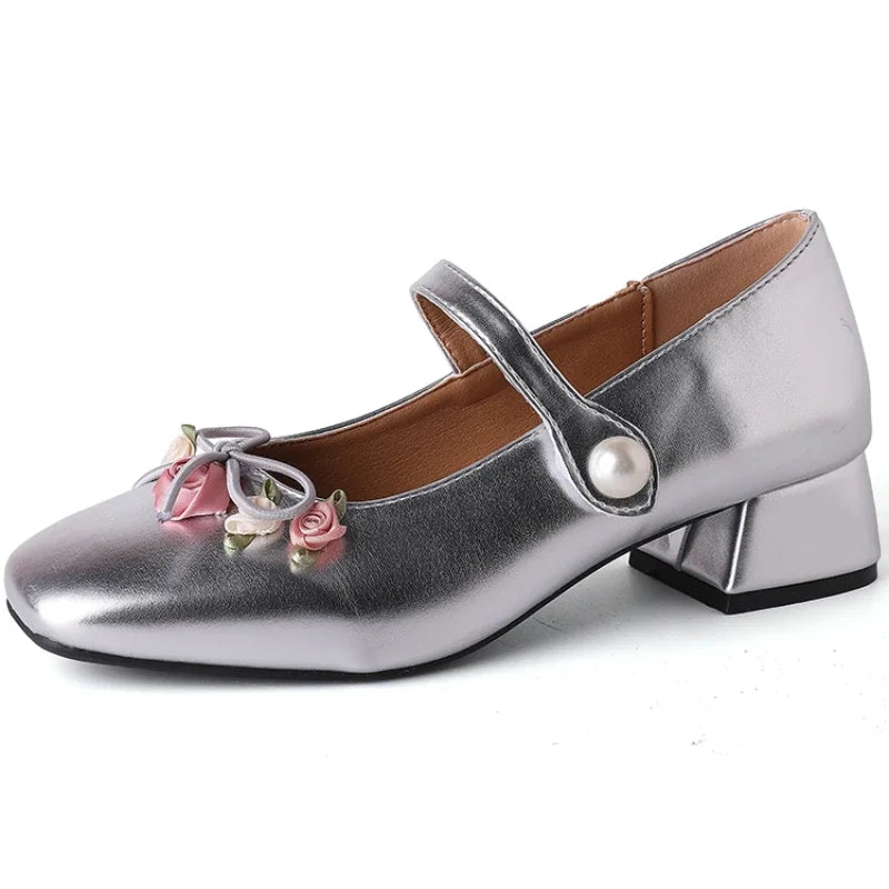 Lunivop Medium Heeled Mary Jane Single Shoes New Women Shoes Fashion Elegant Flower Bow Pumps Square Toe Thick Heeled Ballet Shoes