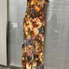 Lunivop  Floral Maxi Dress Woman Sexy Square Collar Ruched Split Bodycon Long Dress New Summer Puff Sleeve Ruffle Party Dress
