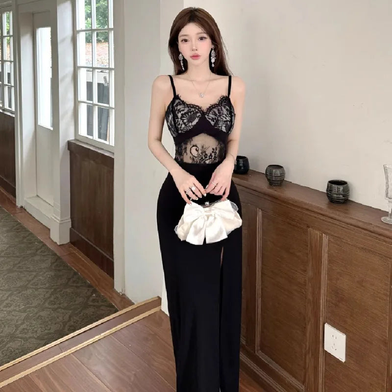 Lunivop  Woman Dress Sleeveless Hollow Out Sexy Elegant Slim Split Lace Patchwork V Neck Backless Party Dresses Female Fashion