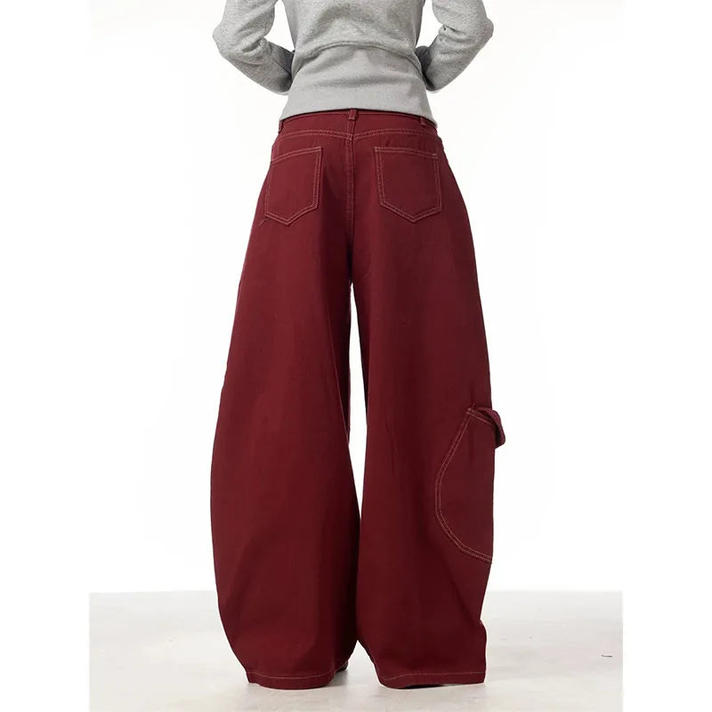 Lunivop Jeans Women Red Vintage High Waisted Straight Denim Trouser Y2K 90s Hip hop American Streetwear Wide Leg Classic Denim Pants