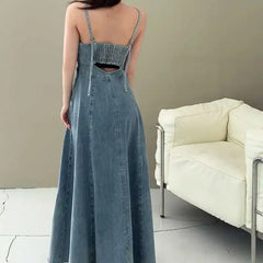 Lunivop  Adjustable Strap Denim Dress Sexy Backless Slimming Waist High Collar Ankle-Length Gown Full Sleeve Fly Sleeve Chinese Origin
