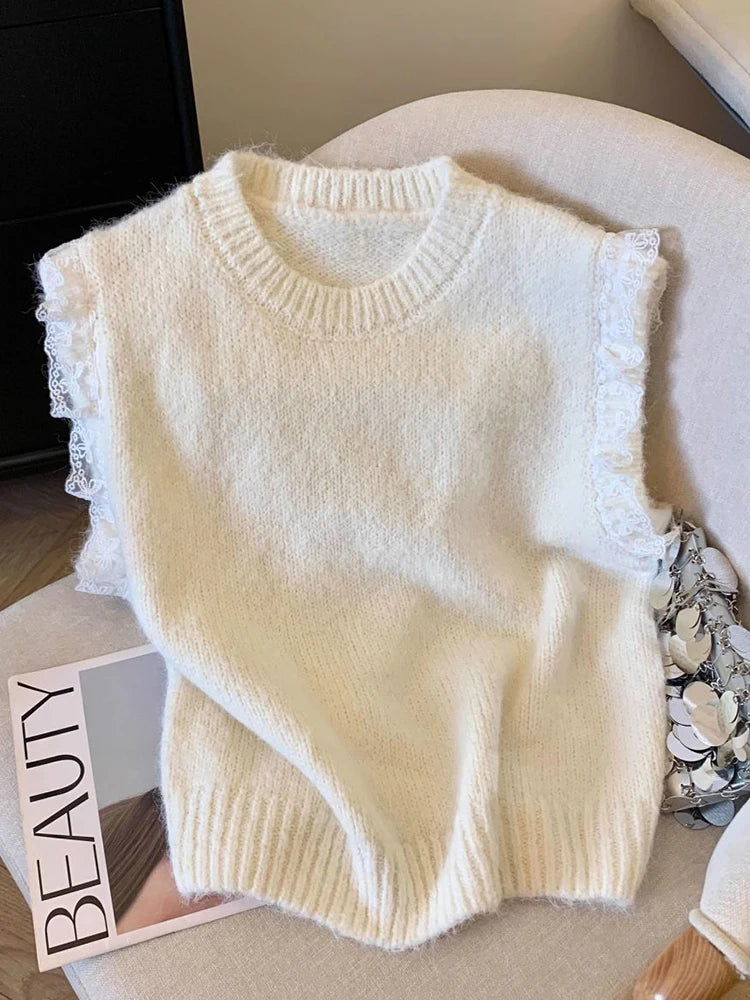 Lunivop Lace Patchwork Sweet Sweater Vest Women Vintage O Neck Casual Knitted Tops Korean Preppy Style Lady Lazy Wing Cute Vest New