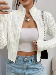 Lunivop Zip Up Crop Cardigan for Women Boxy-fit Zipper Front Cable Knit Sweater Jacket Autumn Winter Teen-girl Y2K Outfit