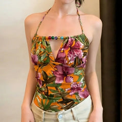 Lunivop  Vintage Euramerican Temperament Halter Sleeveless Beach Style Tank Tosp Y2k Hollow Out Beading Flower Print Camisole Punk Tops