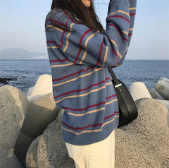 Lunivop Women Pullovers Crew-Neck Knitted Jumper New Student Striped Sweater Aesthetic  Outfit
