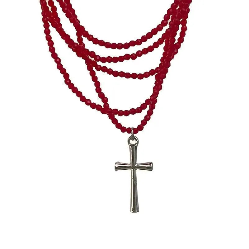 Lunivop Gothic Multilayer Red Crystal Cross Pendant Choker Necklace For Women Men Punk Vintage Beaded Chain Neck Jewelry Accessories New