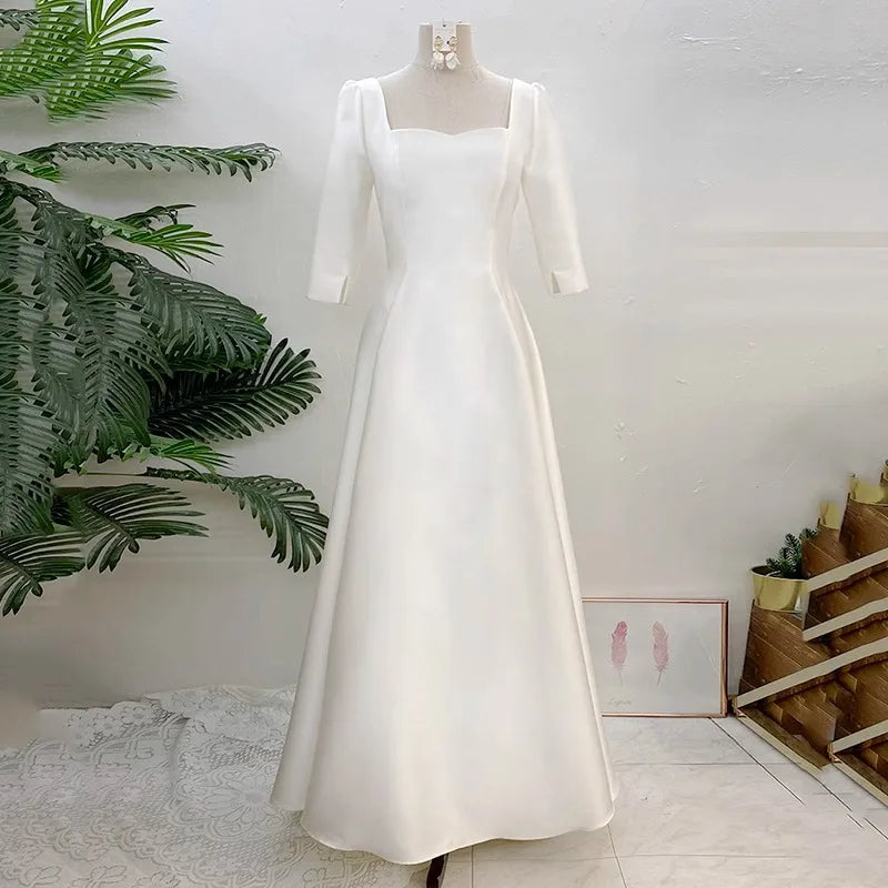 Lunivop  White A Line Formal Evening Dress Simple Wedding Dresses With Short Sleeve Elegant Floor-length Satin Bridal Dress Customized