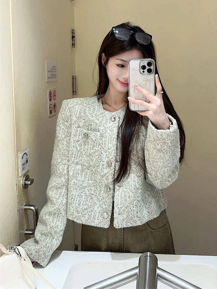Lunivop Sweet Women Slim Elegant Jacket Vintage Long Sleeve O Neck Fall Short Coat Korean Small Fragrance Single Breasted Lady Tops