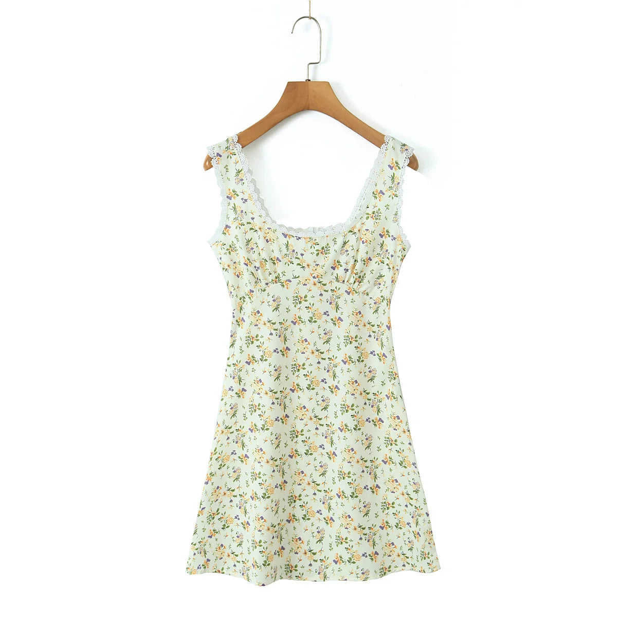 Lunivop  Sexy Satin Flower Print Spliced Lace Square Collar Mini Tank Dress Women Slim Waist A-Lined Sleeveless Short Robe Holiday