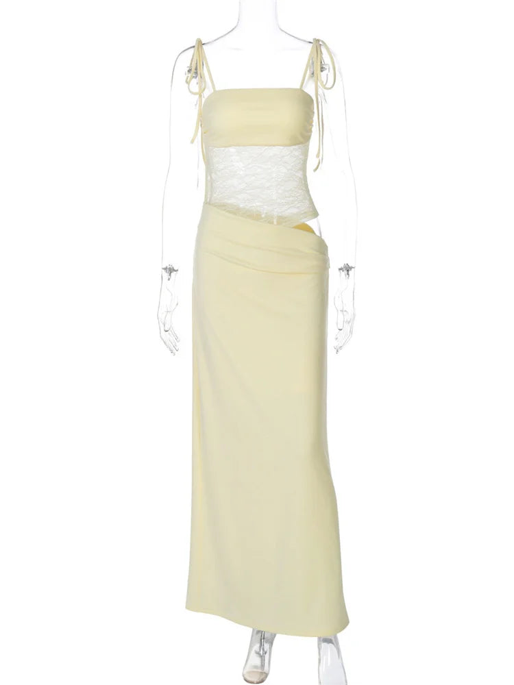 Lunivop  Lace See-Through Patchwork Long Dress Female Spaghetti Backless High Waist Fashion Hollow Out Dress Spring Bandage Dress