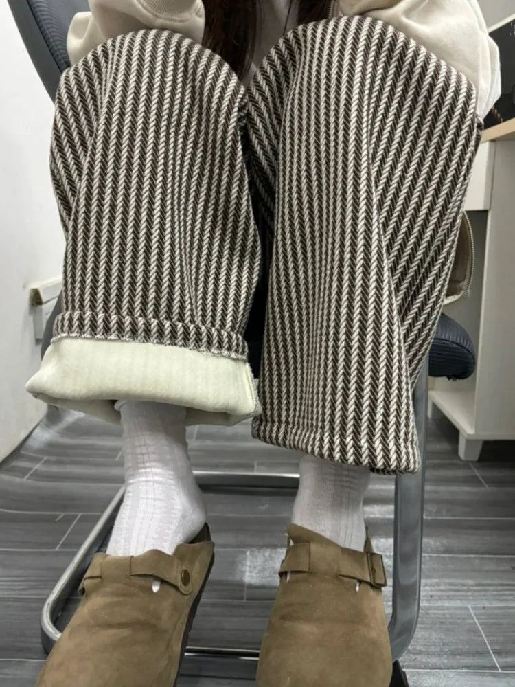 Lunivop Streetwear Vertical Stripe Pants Women Spring Y2k Aesthetic Drawstring Casual Trousers High Waist Harajuku Vintage Pantalones