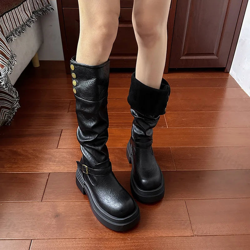 Lunivop Winter Modern Women's Knee High Boots New 2025 Fashion Slip on Long Bootties Designer Buckle Platform Thick Heels Botas De Mujer