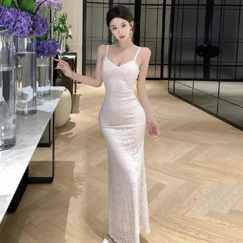 Lunivop  Woman Dress Sexy Elegant Sleeveless V Neck Lace Patchwork Backless Slim Sweet Temperament Party Dresses Female Chic