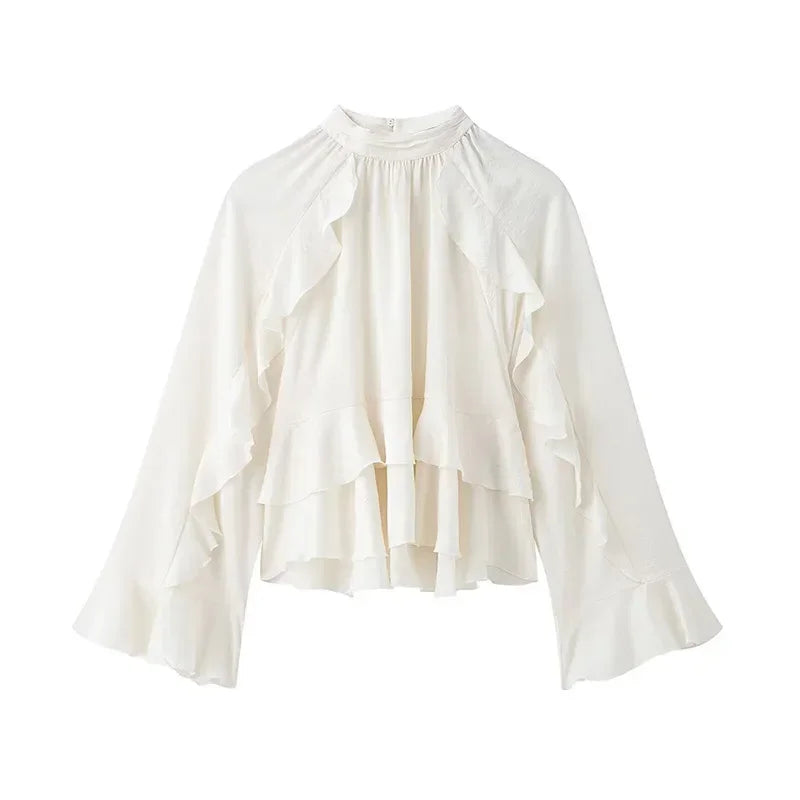 Lunivop  Elegant Long Puff Sleeve Female O Neck Blouses Fashion Chiffon Ruffled Shirts For Women Spring New Chic Lady Tops Beachwear