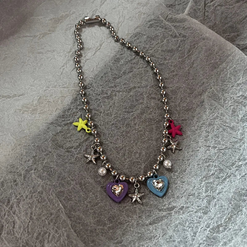Lunivop Boho Kpop Colorful Sugar Star Tassel Pendant Choker Necklace for Women Sweet Love Heart Chain Aesthetic Y2K Jewelry Accessories