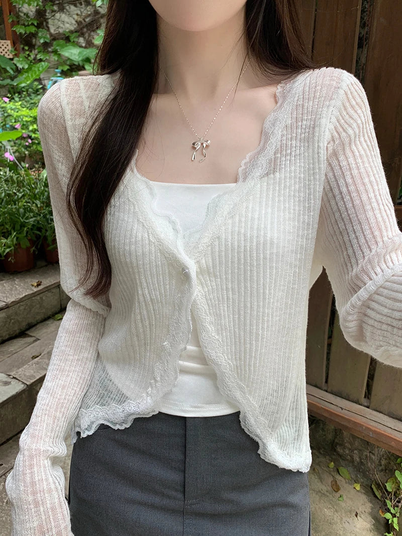 Lunivop Lace Trim One Button Long Sleeve Crop Top Women Short Sleeve Open Front Ribbed Knit Cardigan Sweater Summer Fairycore Outfit