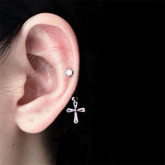 Lunivop 1PCS Pink Zircon Cross 316L Stainless Steel Annular Ear Bone Nail New Fashion U-shaped Earrings for Women Y2K Punk Jewelry