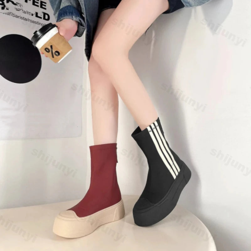 Lunivop New Designer Women's Elastic Boots Zip Shoe Comfort Women Shoes Platform High-top Female Sneakers Thick Sole Mid-calf Boots