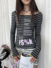 Lunivop Gothic Vintage T-shirt Women Long Sleeve Striped Print Graphic Tops Y2k Japanese 2000s Grunge Tops Streetwear Tshirts