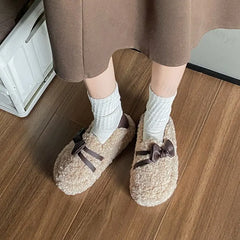 Lunivop Plush Padded Women Shoes New Autumn Winter Sweet Bowknot Warm Thick Sole Female Flats Casual Slip on Leopard Cotton Loafers