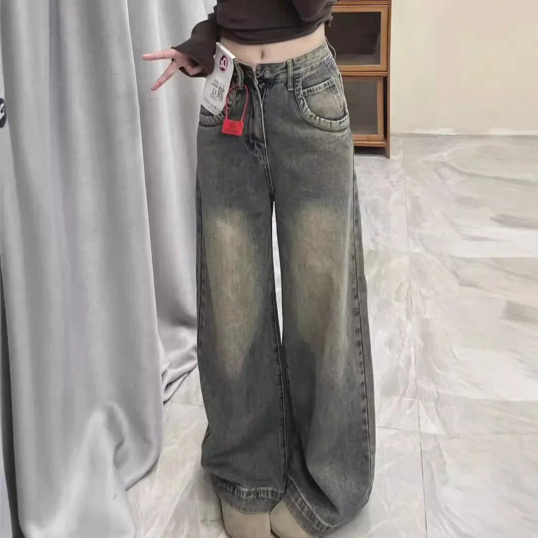 Lunivop Vintage Distressed Wide-leg Jeans Women's Spring Summer New Loose-fit Slimming Draped Versatile Trailing Straight-leg Trousers