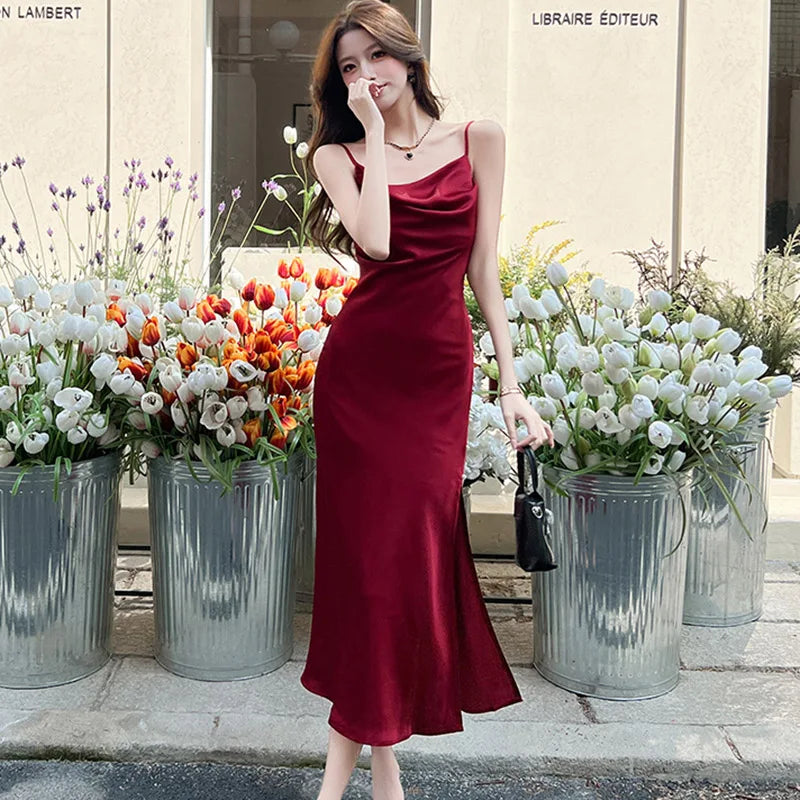 Lunivop  Summer Red Satin Elegant Sling Long Dress Women Fashion Chic Beading Slit Dresses 2025 Korean Vintage Luxury Party Evening Dress