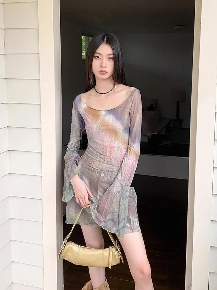 Lunivop  Tie-dye Pink Print O-nreck T-shirt for Women Mesh Long Sleeve Slim Fit Tops Mujer 2025 Summer New Bottoming Tee Shirt