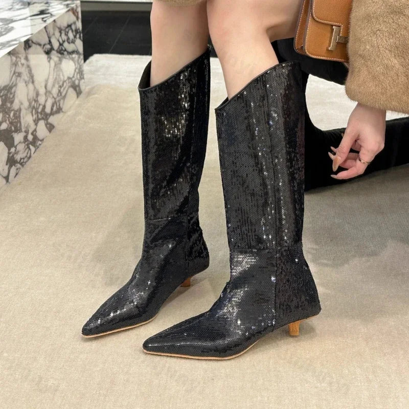 Lunivop Sequin Women Knee High Boots Fashion Elegant Slip on Long Booties Sexy High Heels Stripper Shoe Botas De Mujer